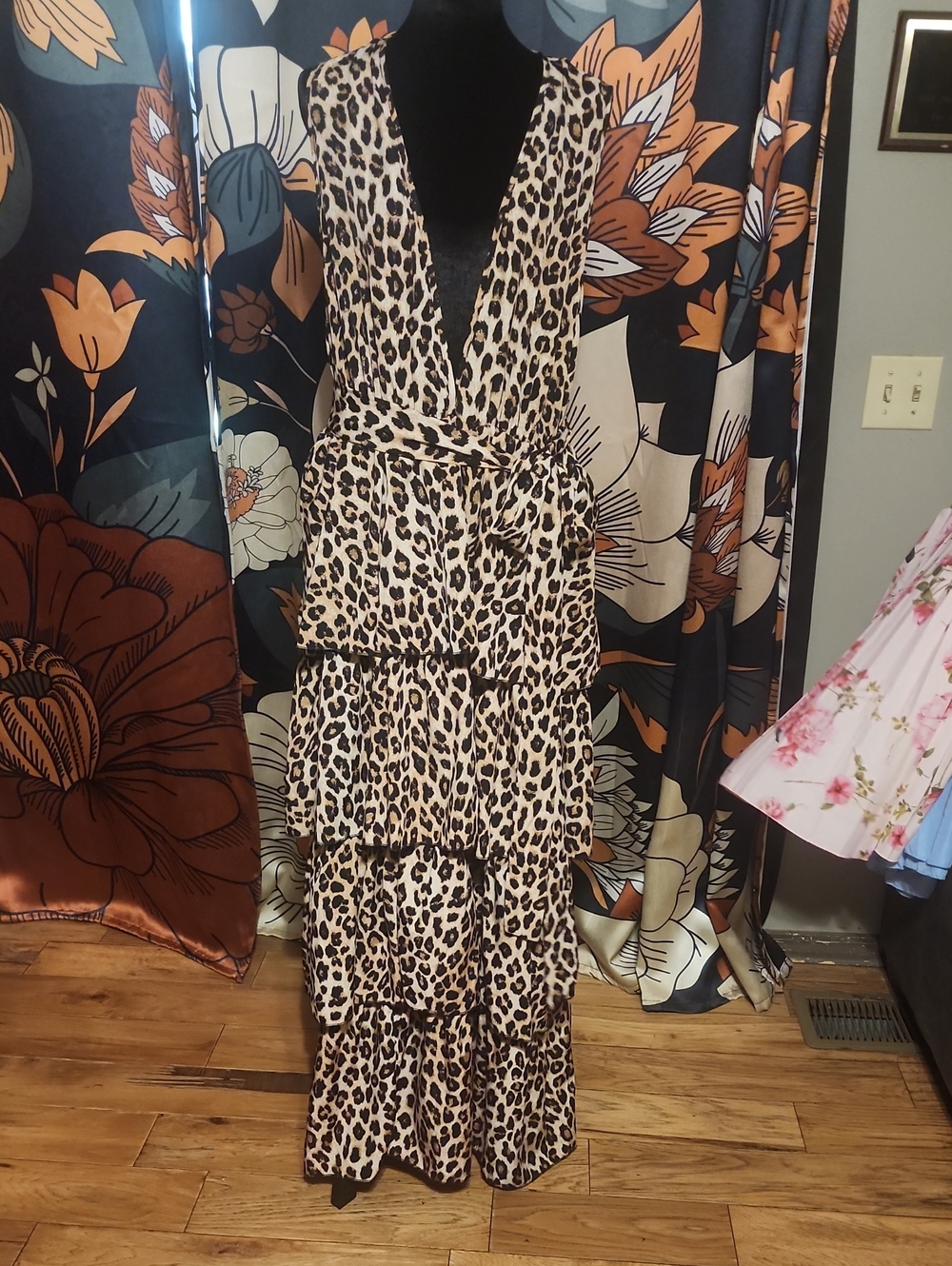 SHEIN Beige and Black Leopard Print Tiered Maxi Jumpsuit
